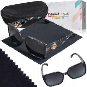 Okulary Damskie Przeciwsłoneczne Kocie Duże Polaryzacyjne Prius V546 Czarny marmurkowy UV400 z Etui