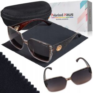 Okulary Damskie Przeciwsłoneczne Kocie Duże Polaryzacyjne Prius V546 Brąz panterka jasny UV400 z Etui