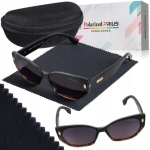 Okulary Damskie Przeciwsłoneczne Kocie Duże Polaryzacyjne Prius V547 Czarny panterka UV400 Aviator Pilotki z Etui