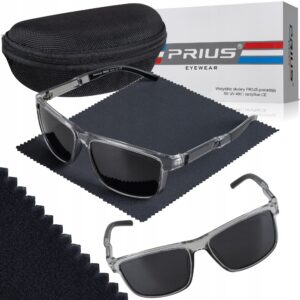 Okulary Przeciwsłoneczne Polaryzacyjne Sportowe Prius PLS-315 Szare przezroczyste UV400 Aviator Pilotki z Etui