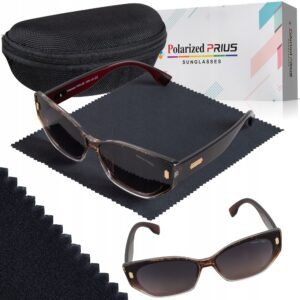 Okulary Damskie Przeciwsłoneczne Kocie Duże Polaryzacyjne Prius V547 Brązowy panterka UV400 Aviator Pilotki z Etui