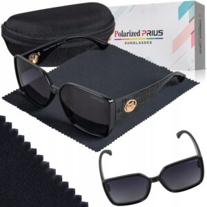 Okulary Damskie Przeciwsłoneczne Kocie Duże Polaryzacyjne Prius V546 Czarny ciemny UV400 z Etui