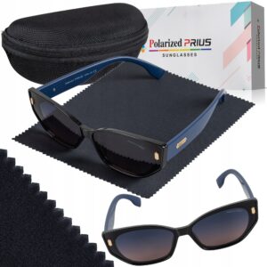 Okulary Damskie Przeciwsłoneczne Kocie Duże Polaryzacyjne Prius V547 Czarny + granatowy UV400 Aviator Pilotki z Etui