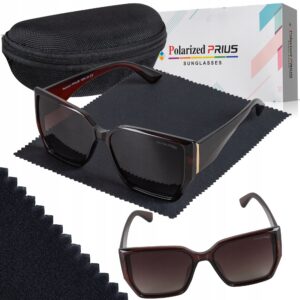 Okulary Damskie Przeciwsłoneczne Kocie Duże Polaryzacyjne Prius V536 Brąz UV400 z Etui