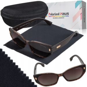 Okulary Damskie Przeciwsłoneczne Kocie Duże Polaryzacyjne Prius V547 Ciemny brąz panterka UV400 Aviator Pilotki z Etui