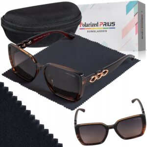 Okulary Damskie Przeciwsłoneczne Kocie Duże Polaryzacyjne Prius V518 Brąz UV400 z Etui