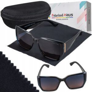 Okulary Damskie Przeciwsłoneczne Kocie Duże Polaryzacyjne Prius V536 Czarny + morski UV400 z Etui