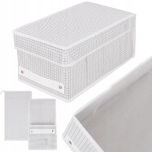 Organizer tekstylny sztywny 18x33x15 cm – pudełko do przechowywania z pokrywą i kieszonką opisową, wzór krata