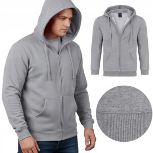 BLUZA MĘSKA Z KAPTUREM ROZPINANA CIEPŁA SPORTOWA GŁADKA KIESZENIE SZARY S